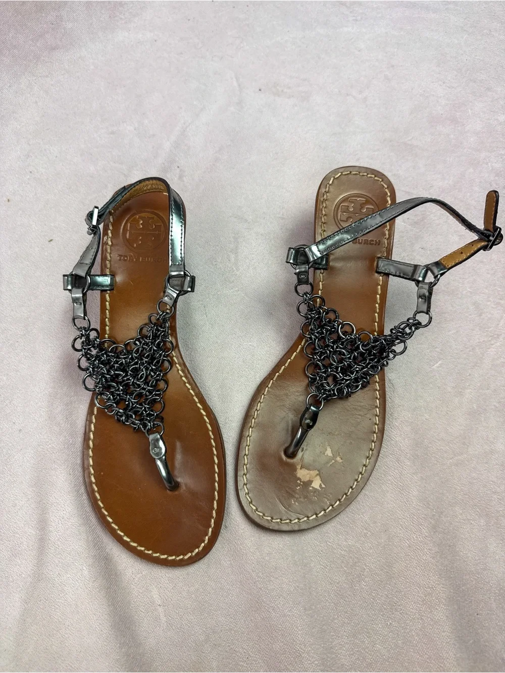 Tory Burch Womens Chainmail Slingback Thong Wedge Sandals Size 8 RARE